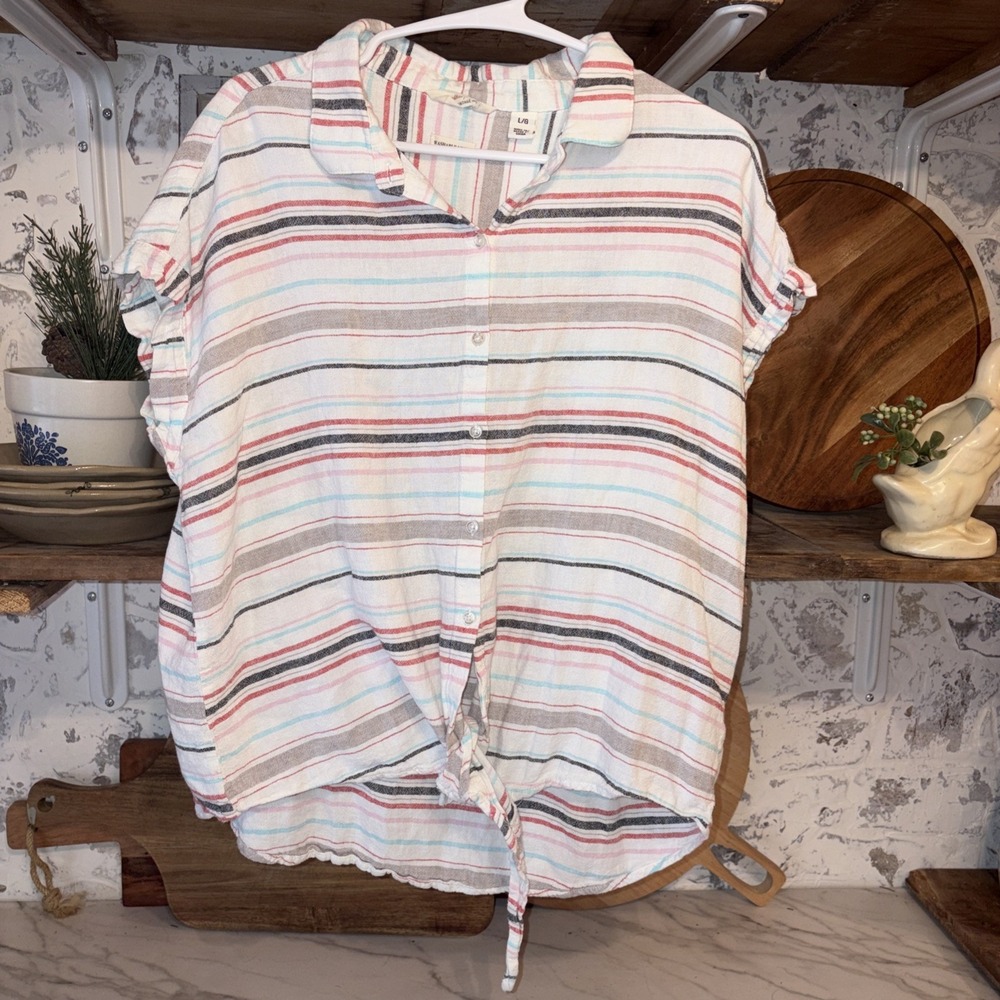 Washable Linen Coastal Stripe Women's L Cottagecore Button Down Preppy Shirt